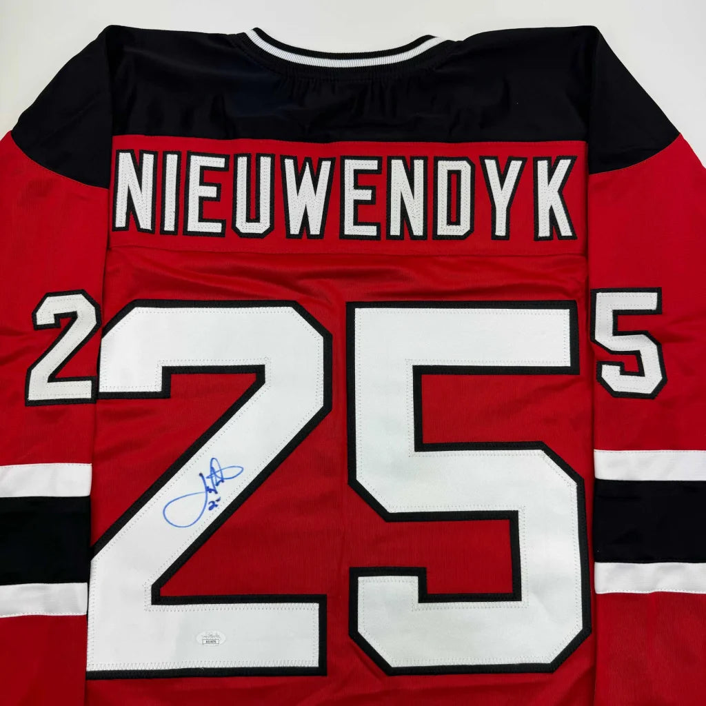 Autographed Joe Nieuwendyk New Jersey Red Hockey Jersey JSA COA | Certified Authentic Signed Memorabilia | vintageantiquesgifts.com