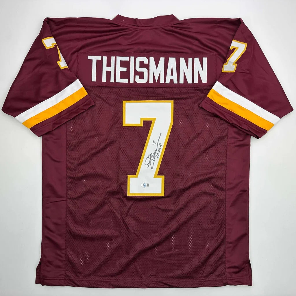 Autographed Joe Theismann 83 MVP Washington Burgundy Football Jersey Beckett BAS COA | Hall of Fame Sports Memorabilia | vintageantiquesgifts.com
