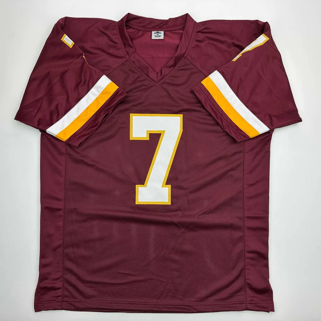 Maroon short-sleeved custom jersey with white and gold number 7 for professional sports league