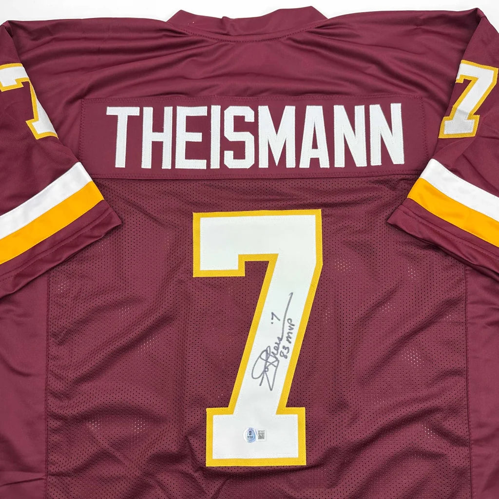 Autographed Joe Theismann 83 MVP Washington Burgundy Football Jersey Beckett BAS COA | Certified Authentic Signed Memorabilia | vintageantiquesgifts.com