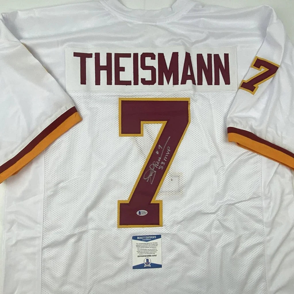 Autographed Joe Theismann Washington custom jersey, white mesh with maroon gold, number 7, Beckett COA