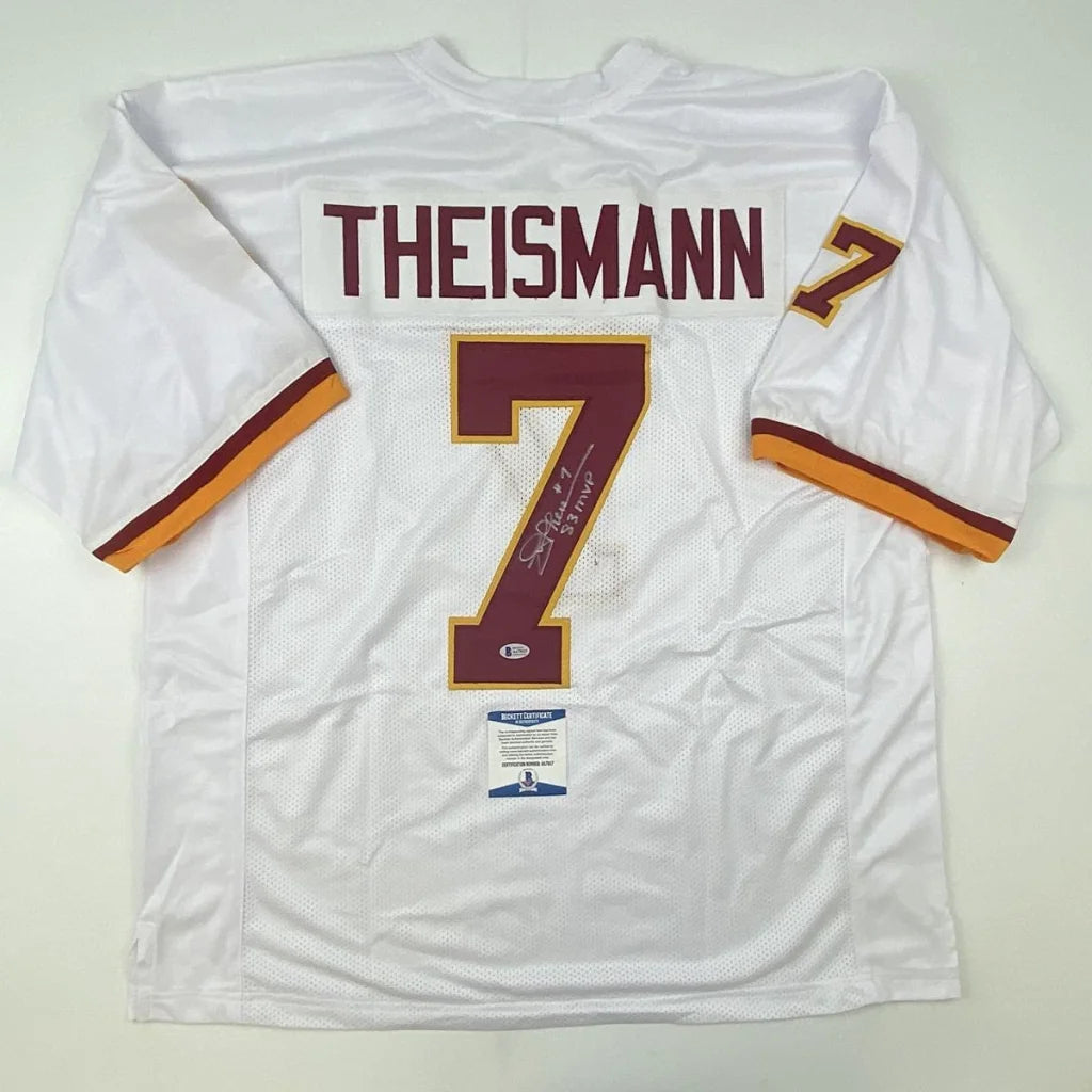 Autographed Joe Theismann custom jersey, white mesh with maroon gold Theismann 7