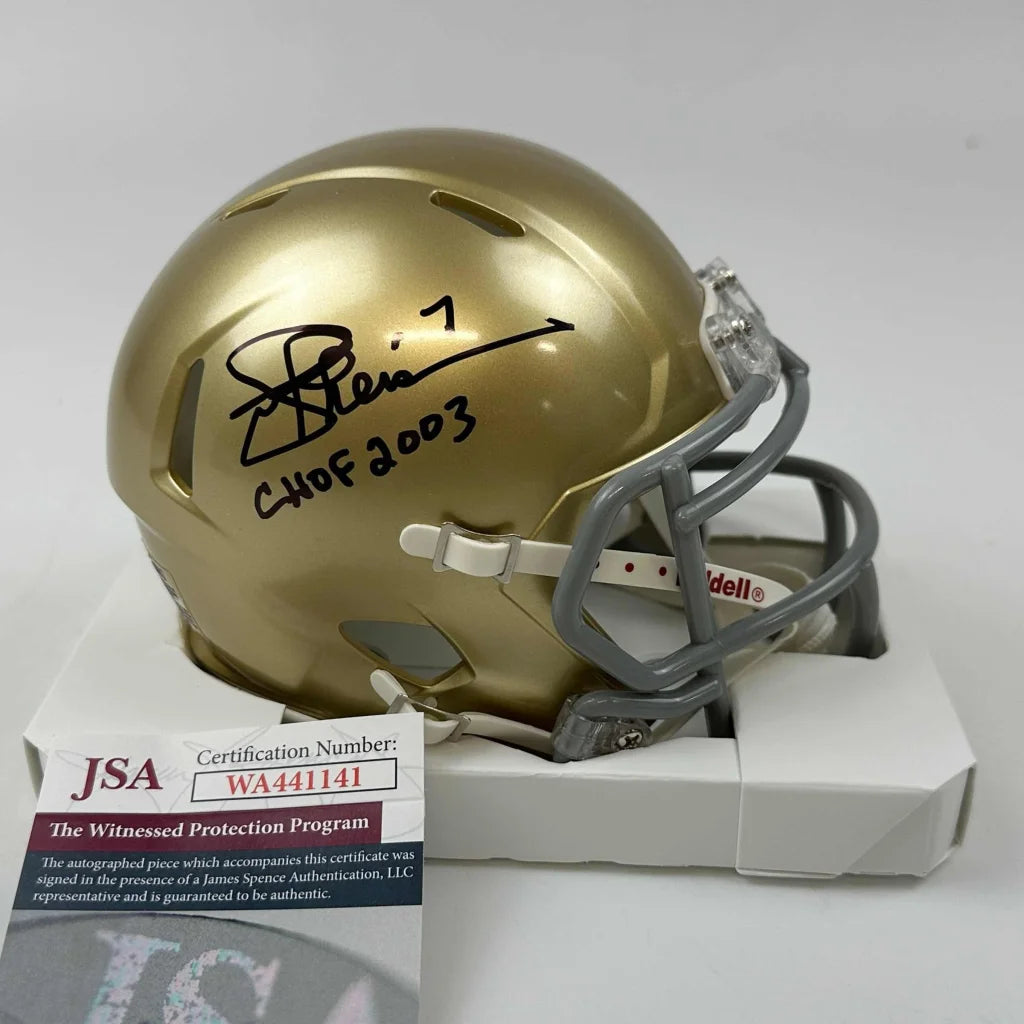 Autographed Joe Theismann CHOF 2003 Notre Dame Fighting Irish Mini Football Helmet JSA COA | Hall of Fame Sports Memorabilia | vintageantiquesgifts.com