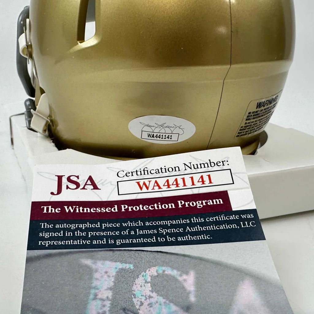 Autographed Joe Theismann CHOF 2003 Notre Dame Fighting Irish Mini Football Helmet JSA COA | Certified Authentic Signed Memorabilia | vintageantiquesgifts.com