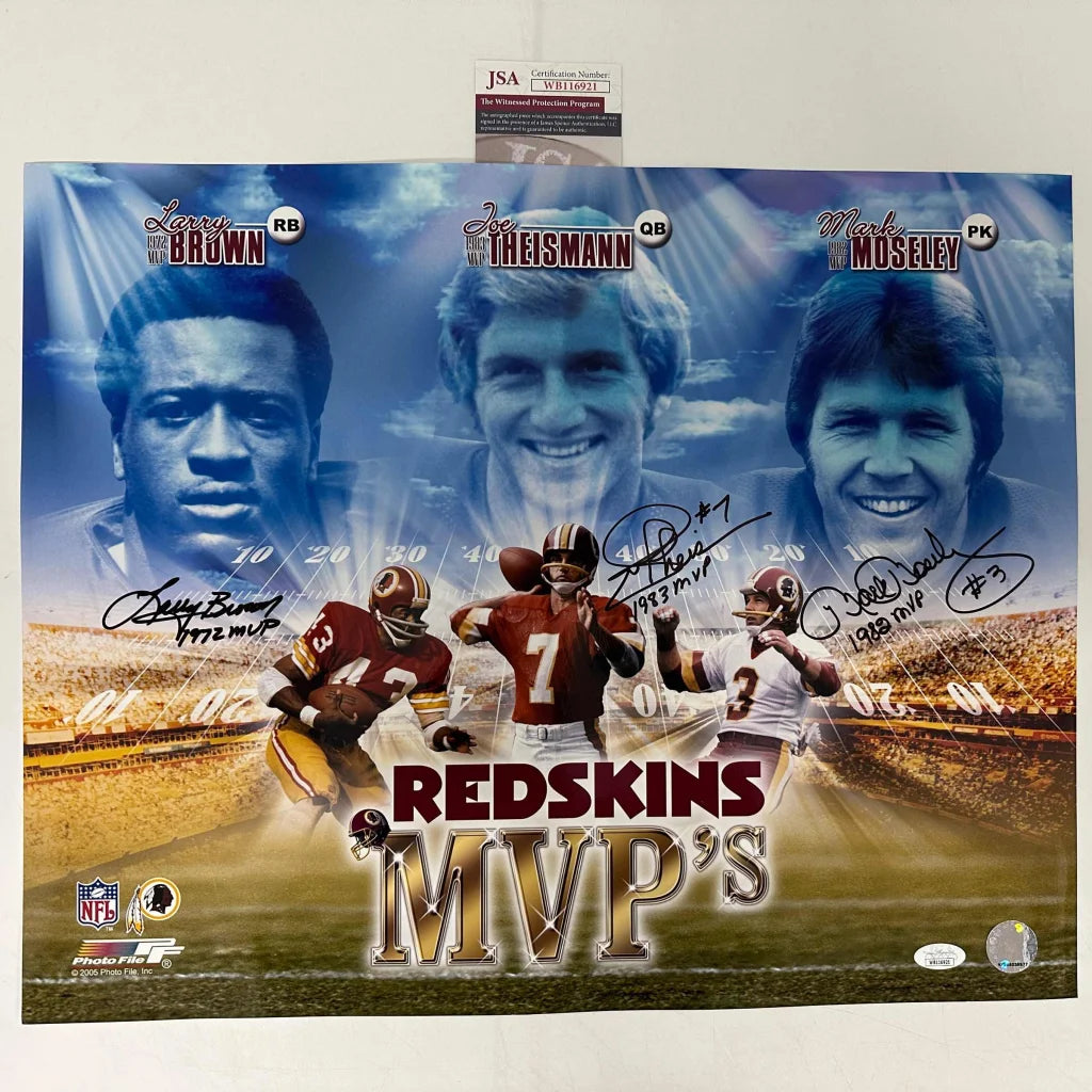 Autographed Joe Theismann Mark Moseley Larry Brown Washington Commanders MVPs 16x20 Football Photo JSA COA | Hall of Fame Sports Memorabilia | vintageantiquesgifts.com