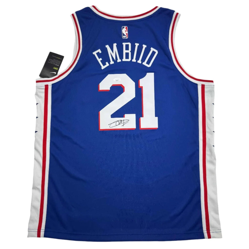 Philadelphia blue Joel Embiid jersey with signature, perfect for your favorite player collection