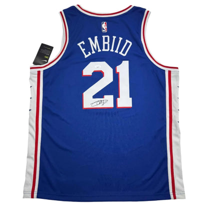 Philadelphia blue Joel Embiid jersey with signature, perfect for your favorite player collection