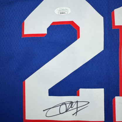 Blue Joel Embiid jersey with white and red numbers, autograph, and auth sticker