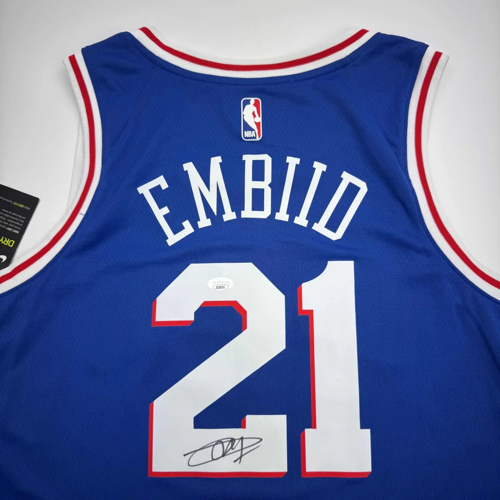 Blue Philadelphia Joel Embiid jersey with signature and authentication sticker, favorite player jersey