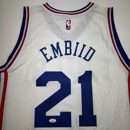 White NBA custom jersey with blue EMBIID 21 for professional sports league fans