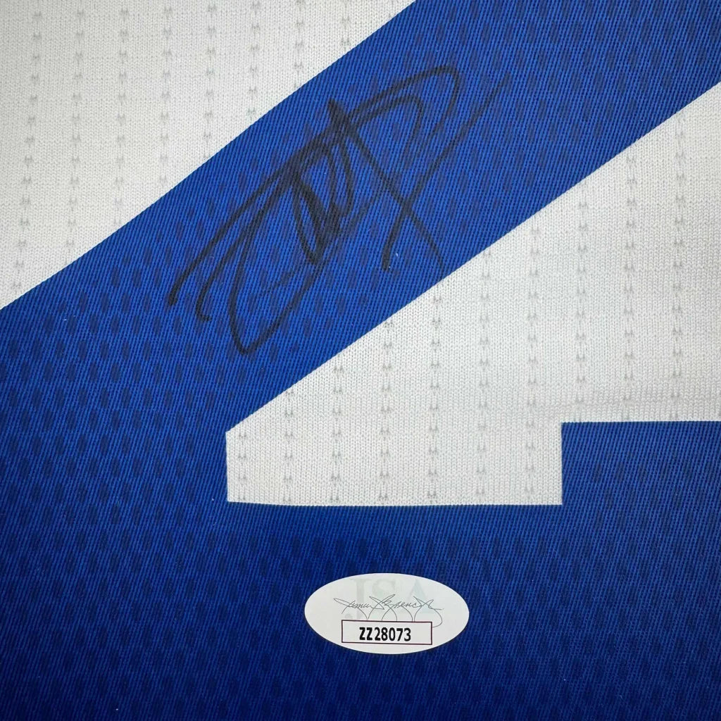 Blue and white custom jersey with Autobiid 21 autograph and authentication sticker for professional sports league