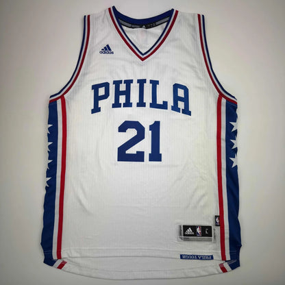 White Adidas Philadelphia 76ers custom jersey with blue PHILA and 21 lettering for professional sports league