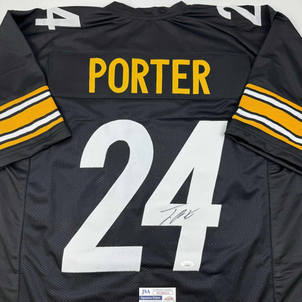 Black American football custom jersey with PORTER 24 signature and JSA sticker for sports fans