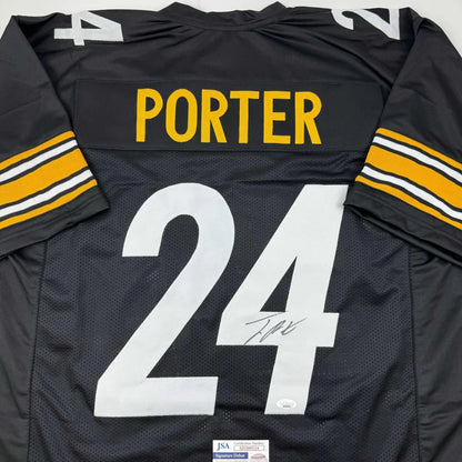Black American football custom jersey with PORTER 24 signature and JSA sticker for sports fans
