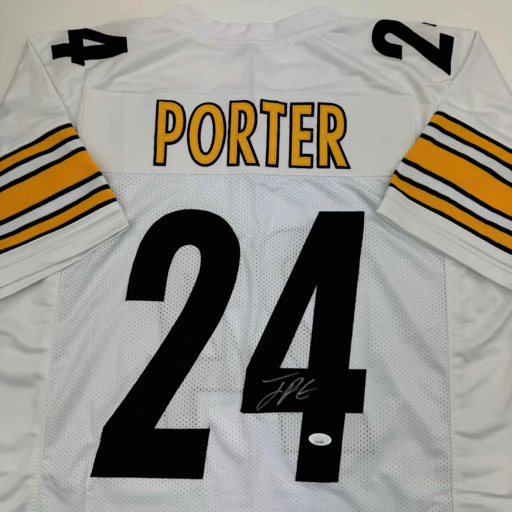 White custom jersey with yellow black stripes and Porter 24 for pro sports league fans