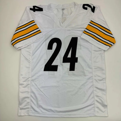 White custom jersey with black 24 and yellow black striped sleeves for Pro Sports League