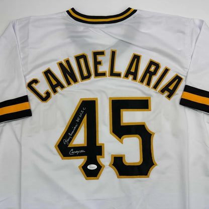 Autographed John Candelaria custom jersey in white Pittsburgh style with black and gold Candelaria 45, JSA COA
