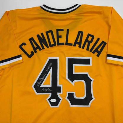 Autographed/Signed John Candelaria Pittsburgh Yellow Baseball Jersey JSA COA