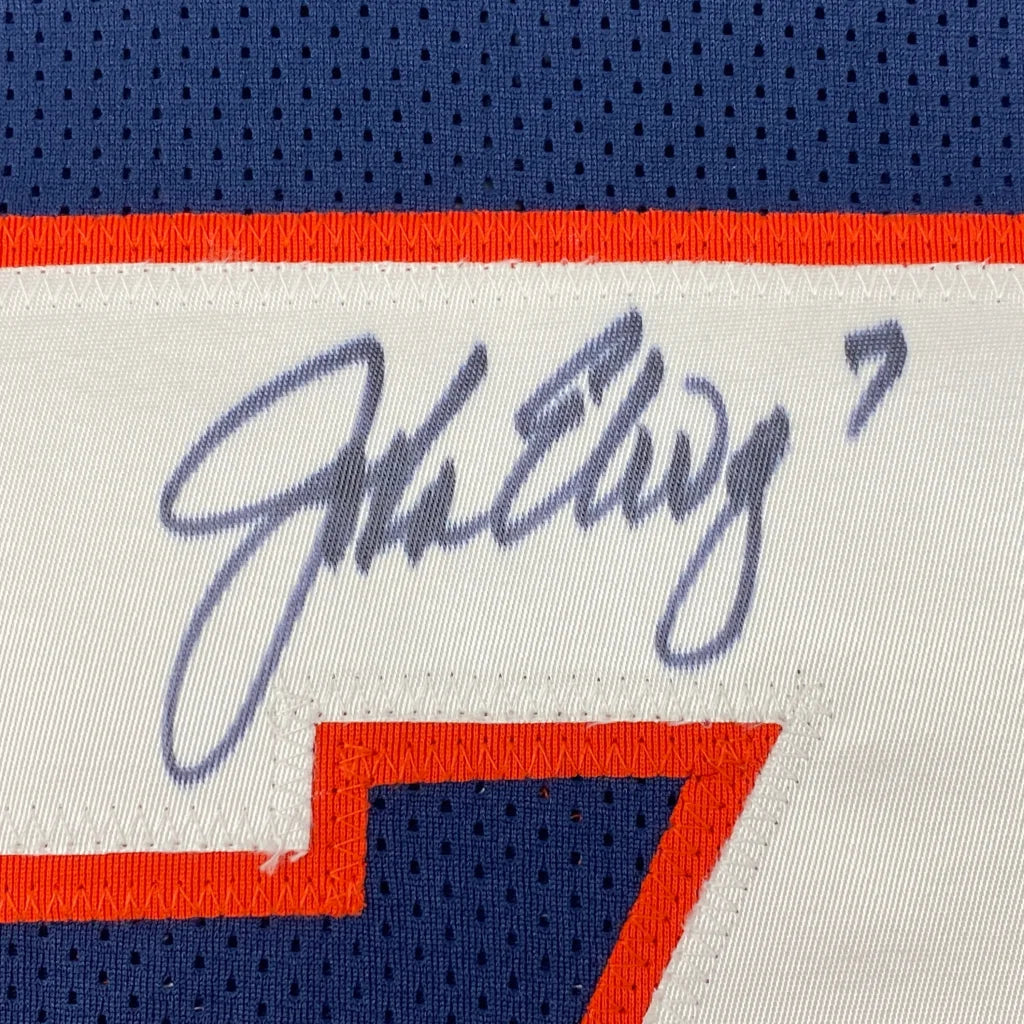 Autographed white and blue john elway custom jersey with orange trim and gray signature number 7 from professional sports league
