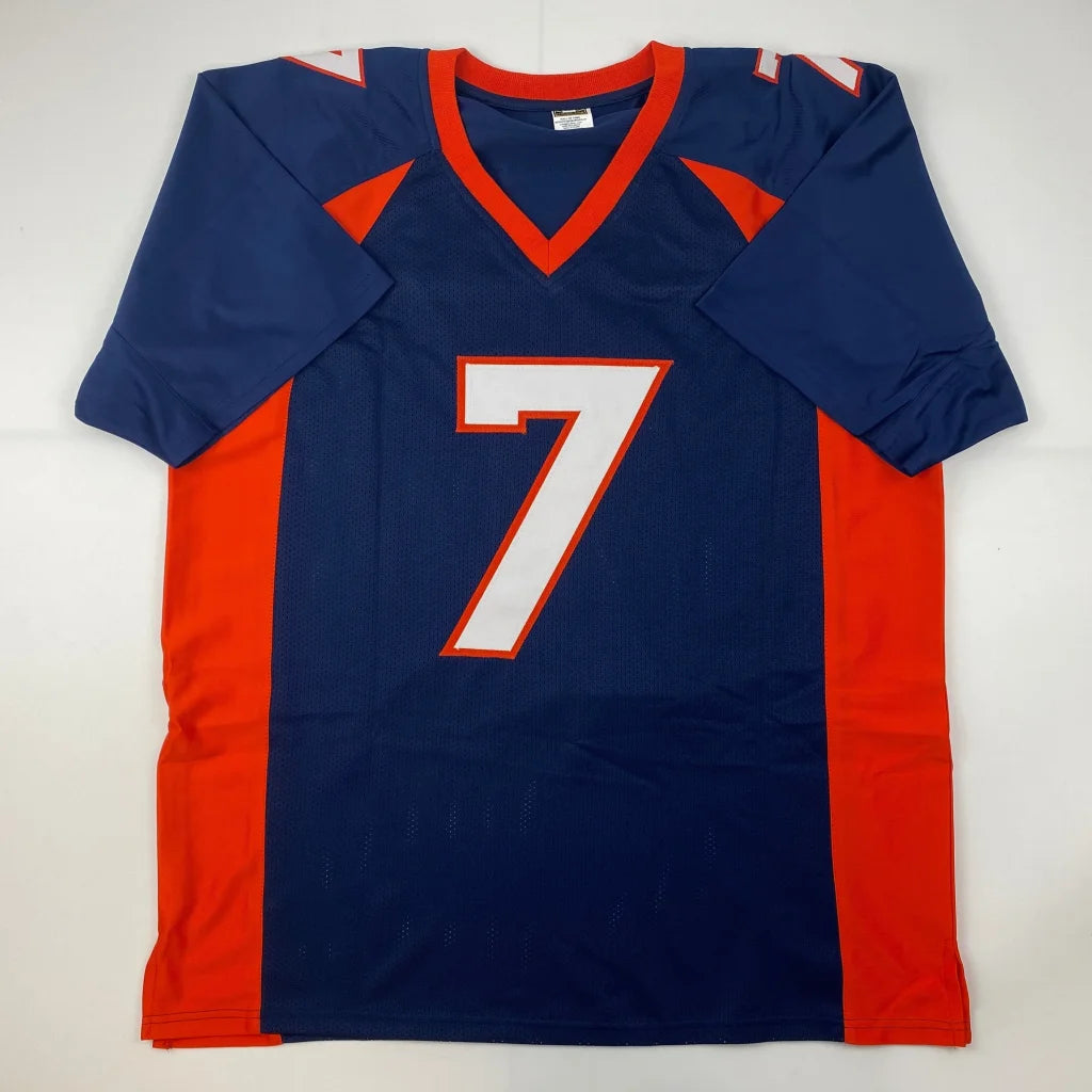 Autographed John Elway Denver blue and orange custom football jersey number 7 from a professional sports league