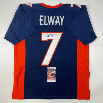 Back of blue and orange denver broncos custom jersey with white number 7 and elway name signed for professional sports league fans