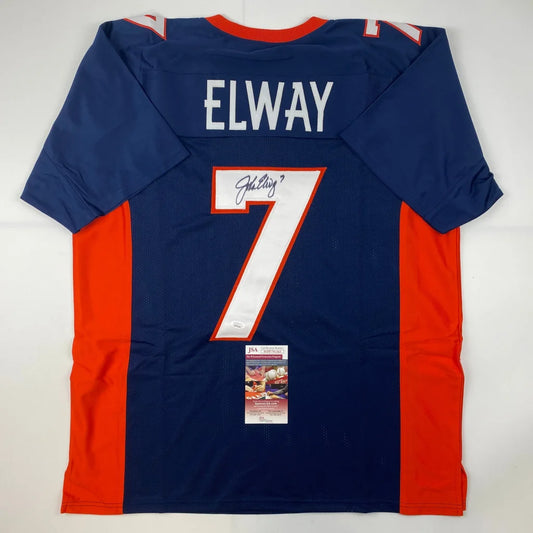 Back of blue and orange denver broncos custom jersey with white number 7 and elway name signed for professional sports league fans