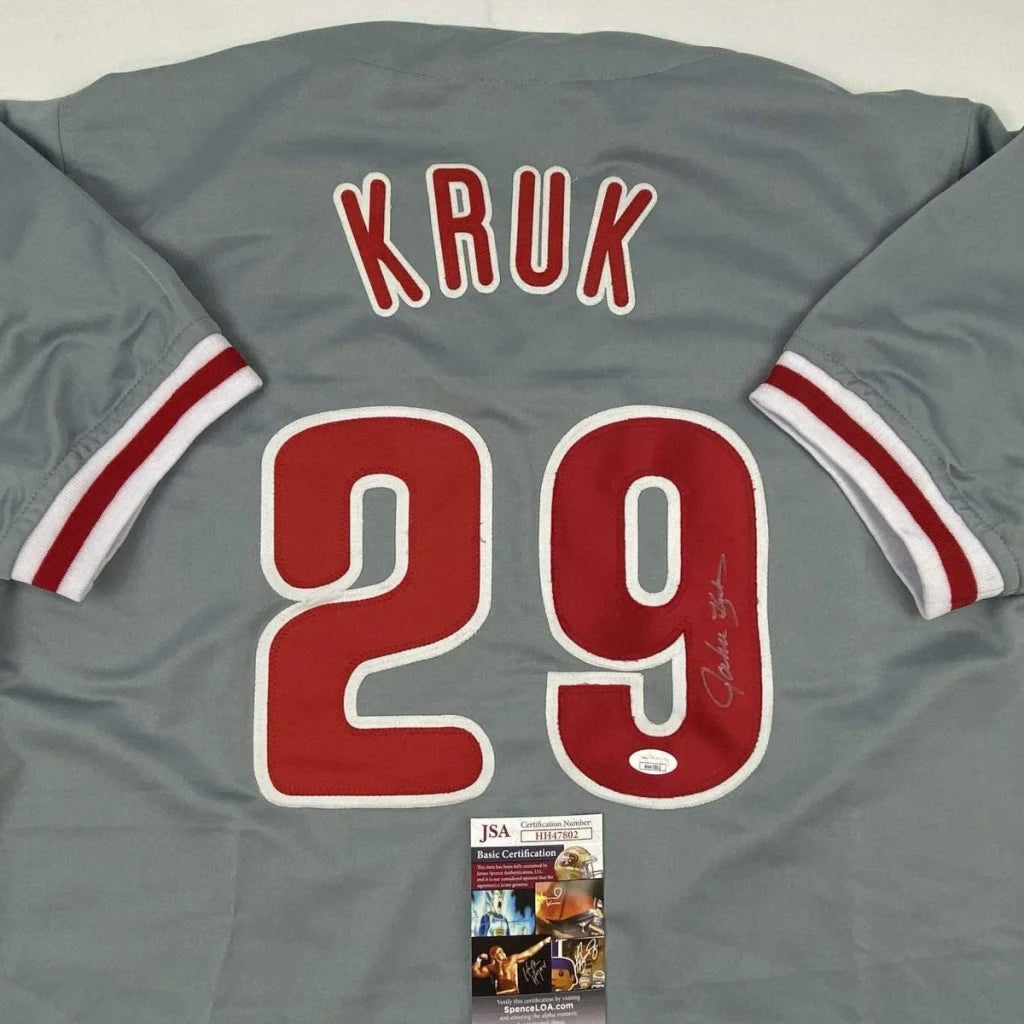 Autographed John Kruk Philadelphia Grey Baseball Jersey JSA COA | Certified Authentic Signed Memorabilia | vintageantiquesgifts.com