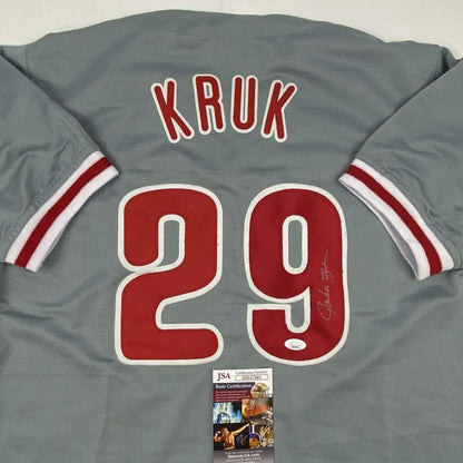 Autographed John Kruk Philadelphia Grey Baseball Jersey JSA COA | Certified Authentic Signed Memorabilia | vintageantiquesgifts.com