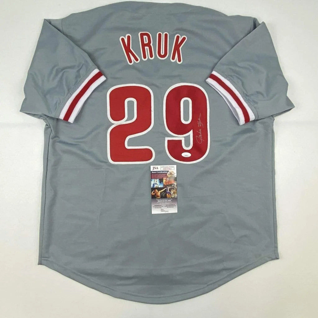 Autographed John Kruk Philadelphia Grey Baseball Jersey JSA COA | Hall of Fame Sports Memorabilia | vintageantiquesgifts.com