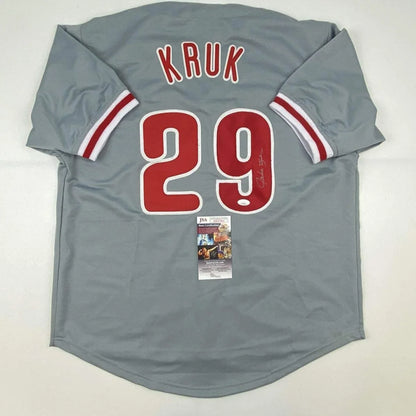Autographed John Kruk Philadelphia Grey Baseball Jersey JSA COA | Hall of Fame Sports Memorabilia | vintageantiquesgifts.com