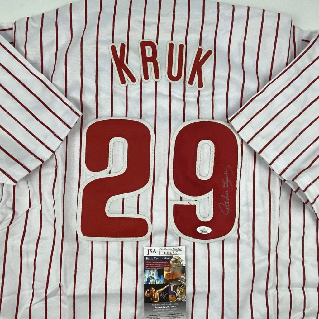 Autographed John Kruk Philadelphia Pinstripe Baseball Jersey JSA COA | Certified Authentic Signed Memorabilia | vintageantiquesgifts.com