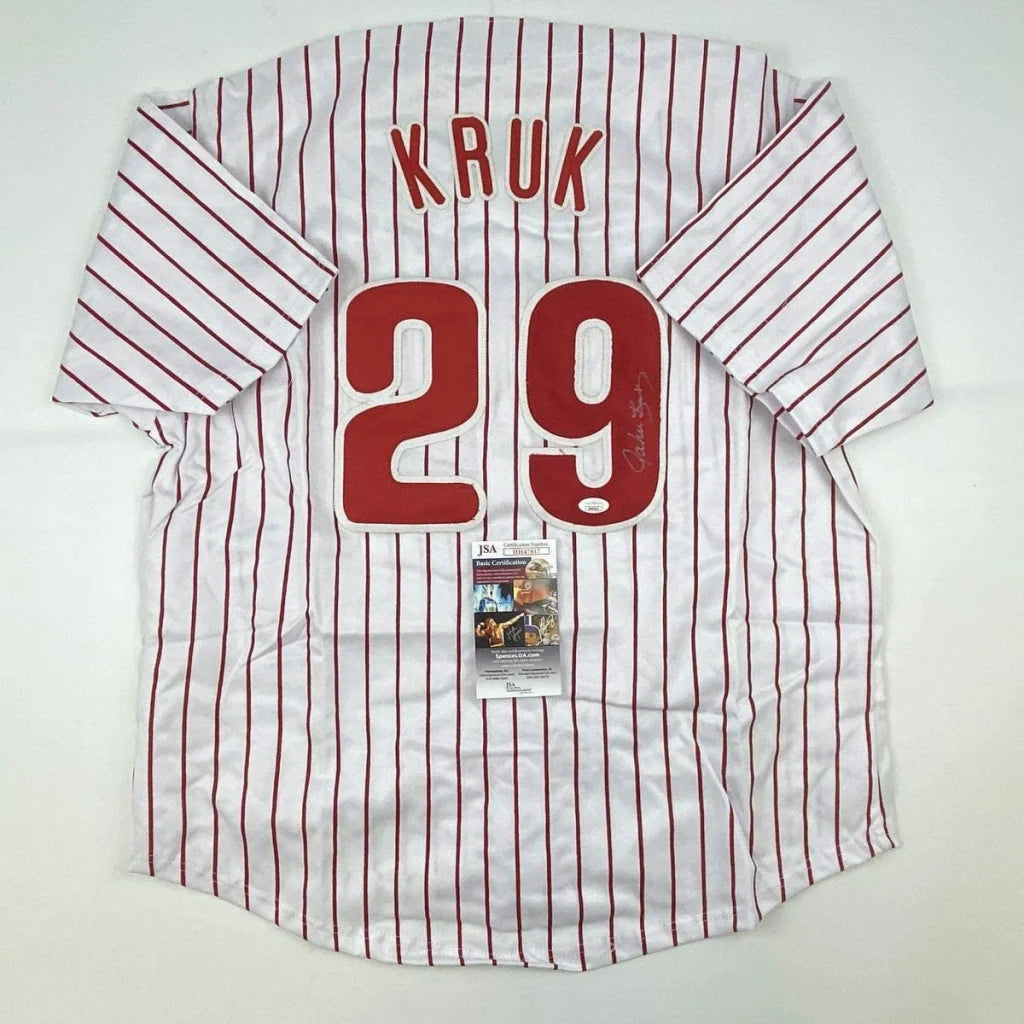 Autographed John Kruk Philadelphia Pinstripe Baseball Jersey JSA COA | Hall of Fame Sports Memorabilia | vintageantiquesgifts.com