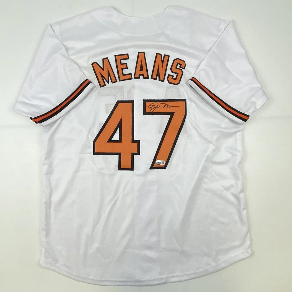 Autographed John Means white custom jersey with orange black lettering, number 47, Beckett COA