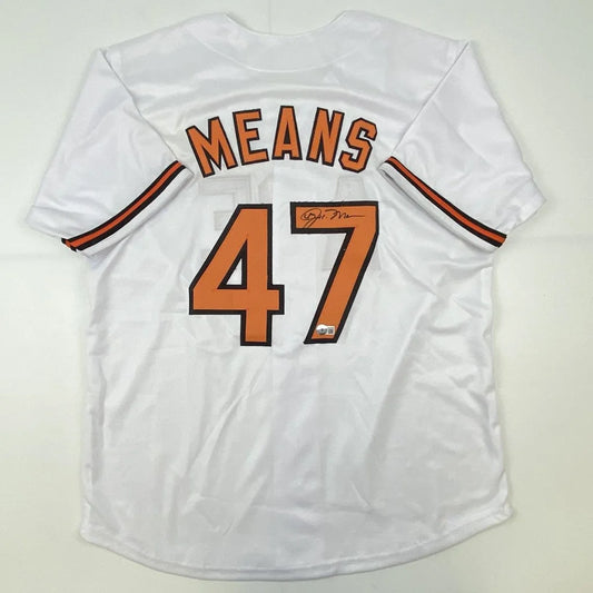 Autographed John Means white custom jersey with orange black lettering, number 47, Beckett COA