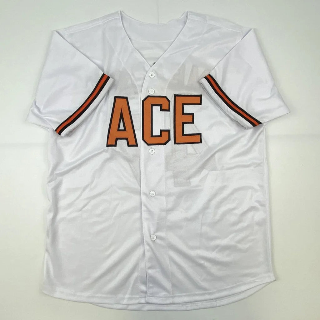 White custom jersey with orange and black striped sleeves for pro sports fans