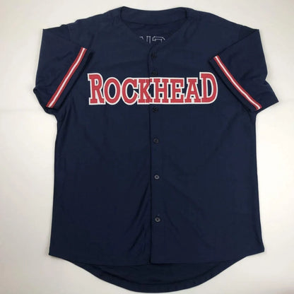 Navy blue Rocker 49 signed baseball jersey with red and white striped sleeves for professional sports league fans