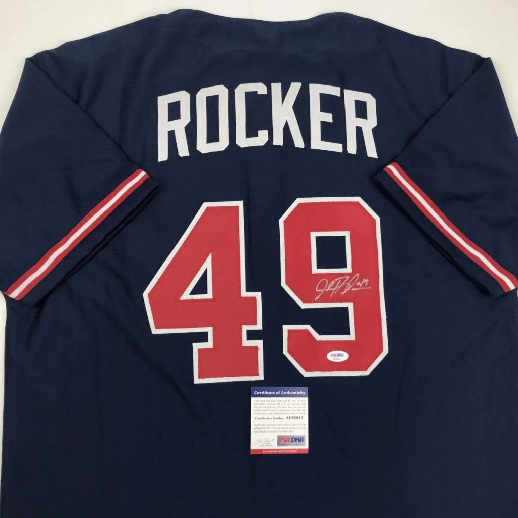 Autographed professional sports league baseball jersey with ROCKER 49 on the back