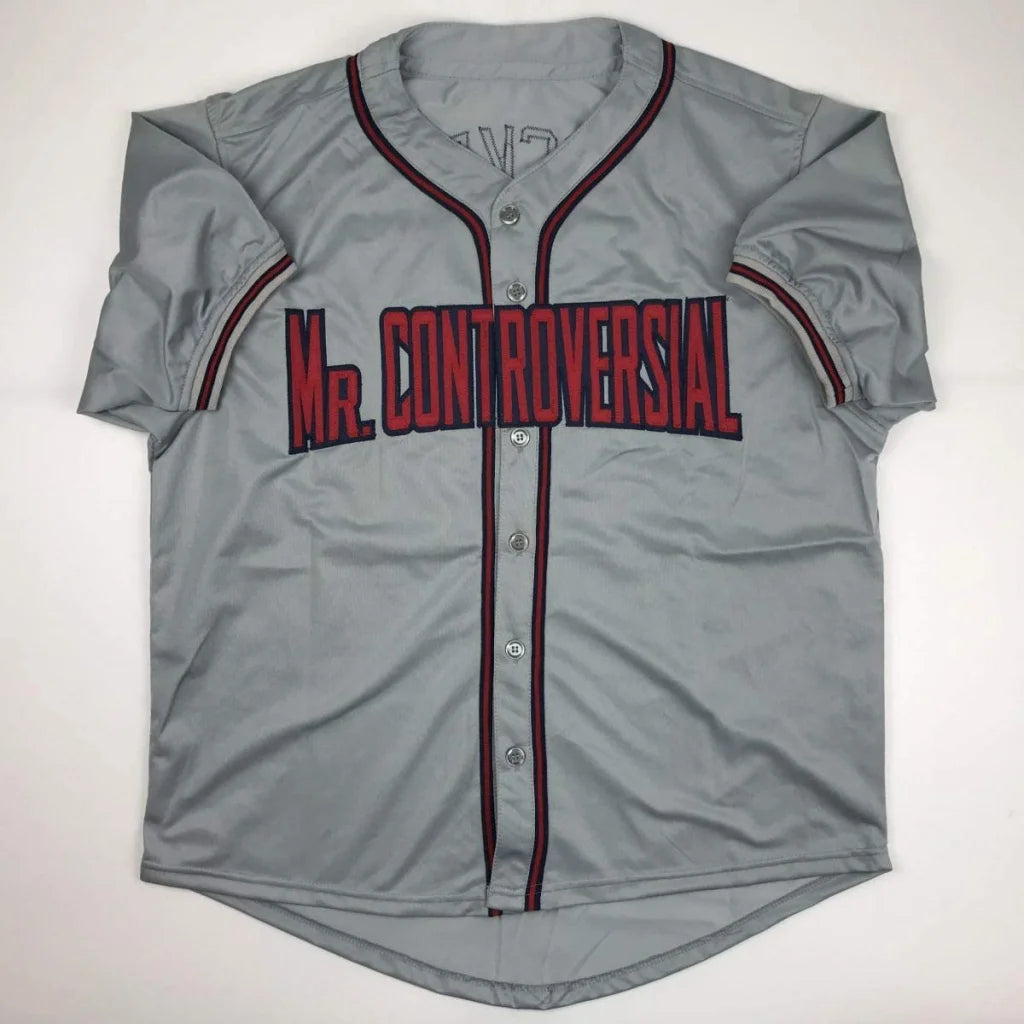 Gray baseball jersey with red and black accents from Authentic ROCKER 49 custom jersey for sports league fans