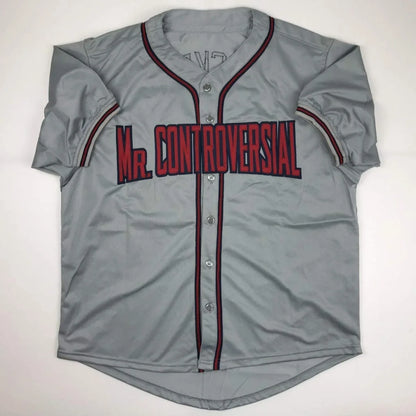 Gray baseball jersey with red and black accents from Authentic ROCKER 49 custom jersey for sports league fans
