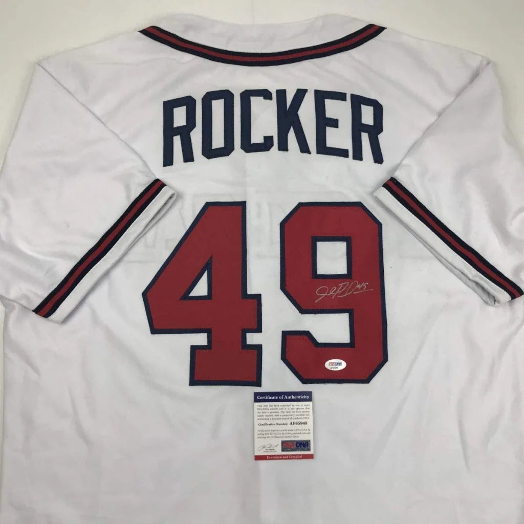 Autographed John Rocker Atlanta Braves white custom jersey with navy blue and red rocker 49, PSA/DNA COA