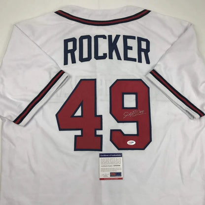 Autographed John Rocker Atlanta Braves white custom jersey with navy blue and red rocker 49, PSA/DNA COA