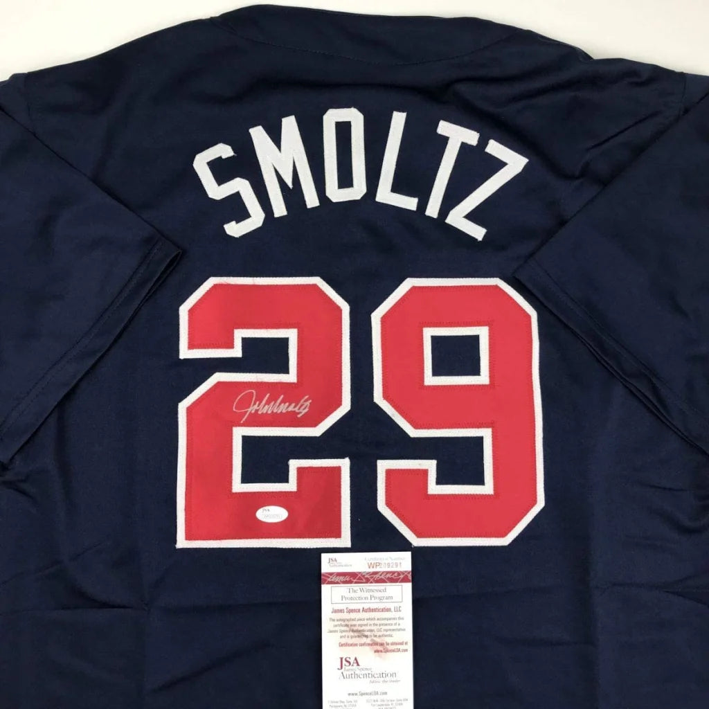 Autographed John Smoltz navy blue custom jersey with number 29, Atlanta Braves professional sports league