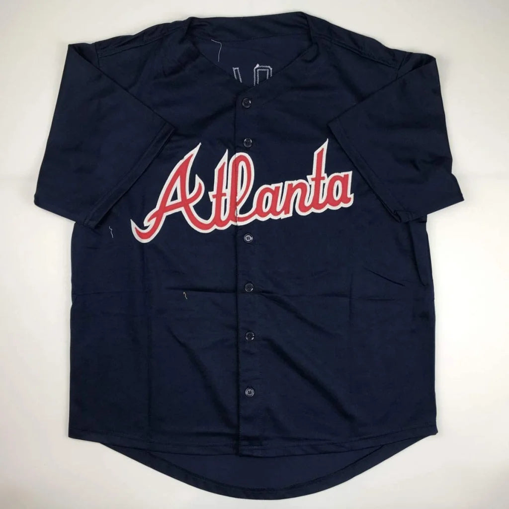 Autographed John Smoltz navy blue Atlanta custom jersey with red white script JSA COA
