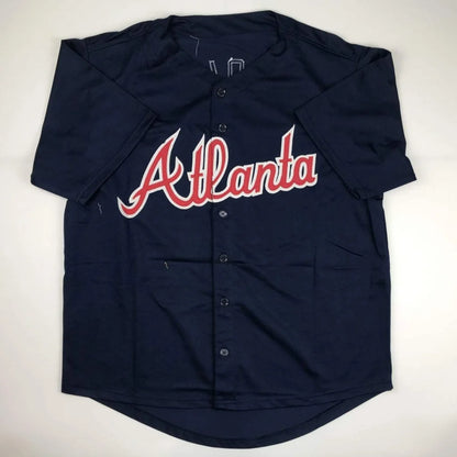 Autographed John Smoltz navy blue Atlanta custom jersey with red white script JSA COA