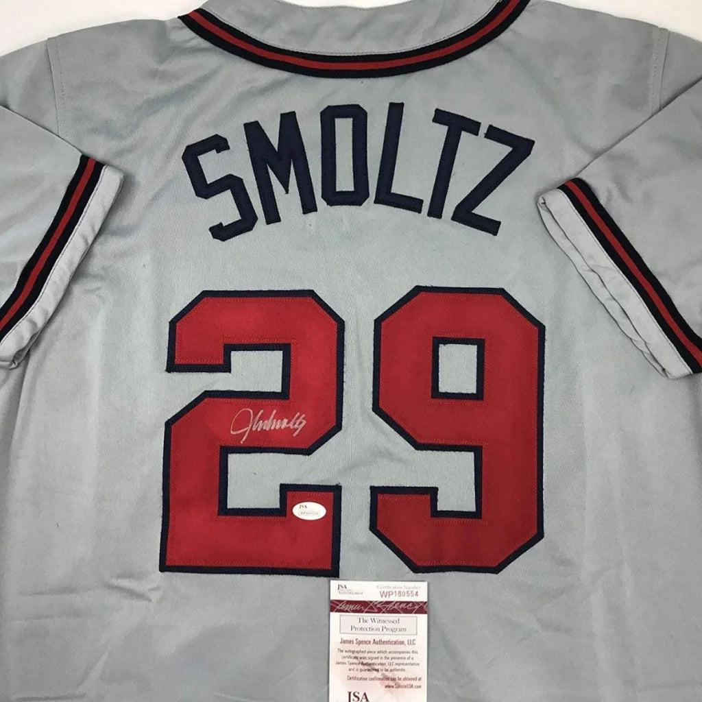 Autographed John Smoltz Atlanta Braves custom jersey, gray with black red trim