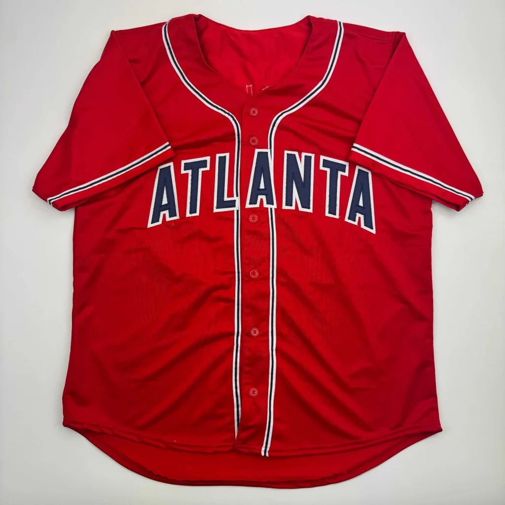 Red Atlanta Braves custom jersey with white and navy trim for professional sports fans