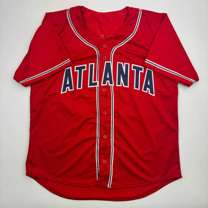 Red Atlanta Braves custom jersey with white and navy trim for professional sports fans