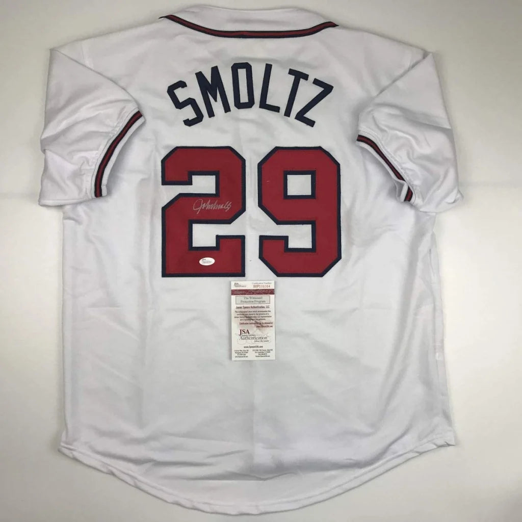 White Atlanta Braves custom jersey with Smoltz 29 autograph authentic sports collectible