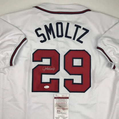 White Atlanta Braves custom jersey with Smoltz 29 autograph, authentic pro sports gear