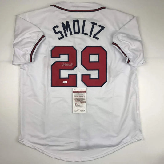 Autographed John Smoltz Atlanta White Baseball Jersey JSA COA | Hall of Fame Sports Memorabilia | vintageantiquesgifts.com